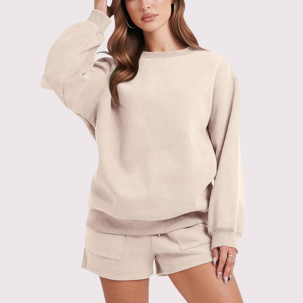 Women's Fashion Sportswear Casual Long-Sleeved Pullover Sweatshirt Drawstring Shorts Set