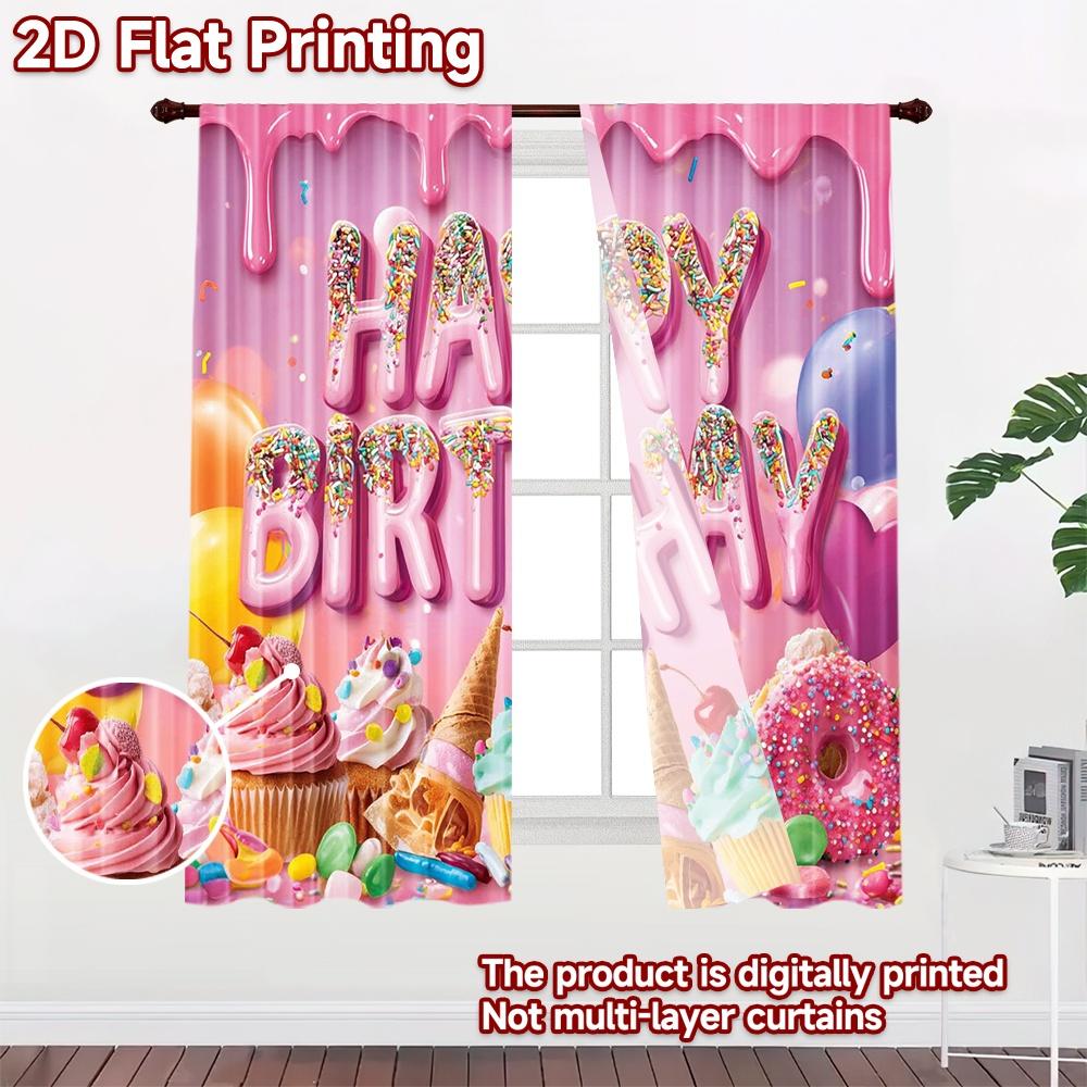 2D Flat Printing 2pcs Curtain Curtain Birthday Sweet Treats Digital Printed Polyester Drapes Family Party Use for Art Party for
