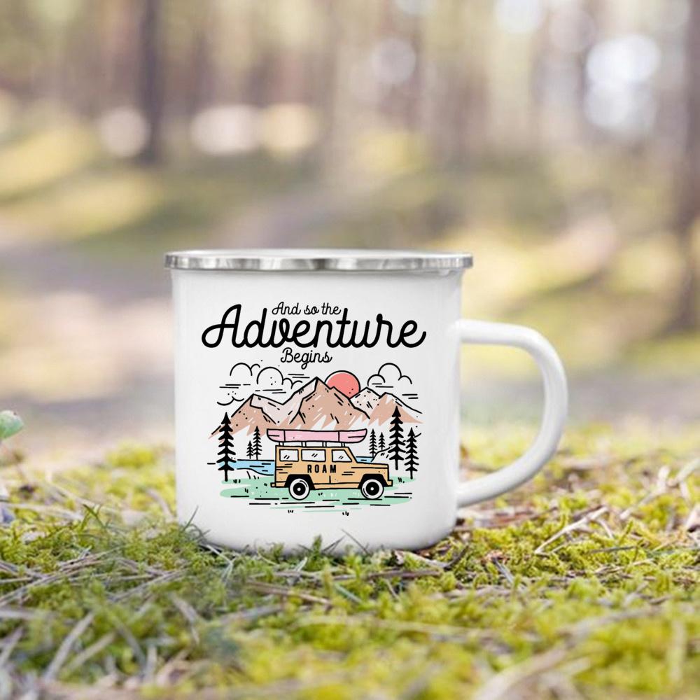 And So The Adventure Begind Printed Mug Campfire Party Beer Coffee Mugs Camping Enamel Cup Mountain Handle Cups Gifts for Camper