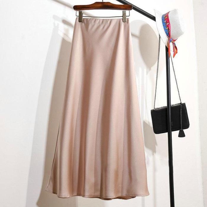 Enhanced Autumn High-Waisted Slimming Midi Skirt for Women in Acetate Satin Fabric. Please view the product before ordering.