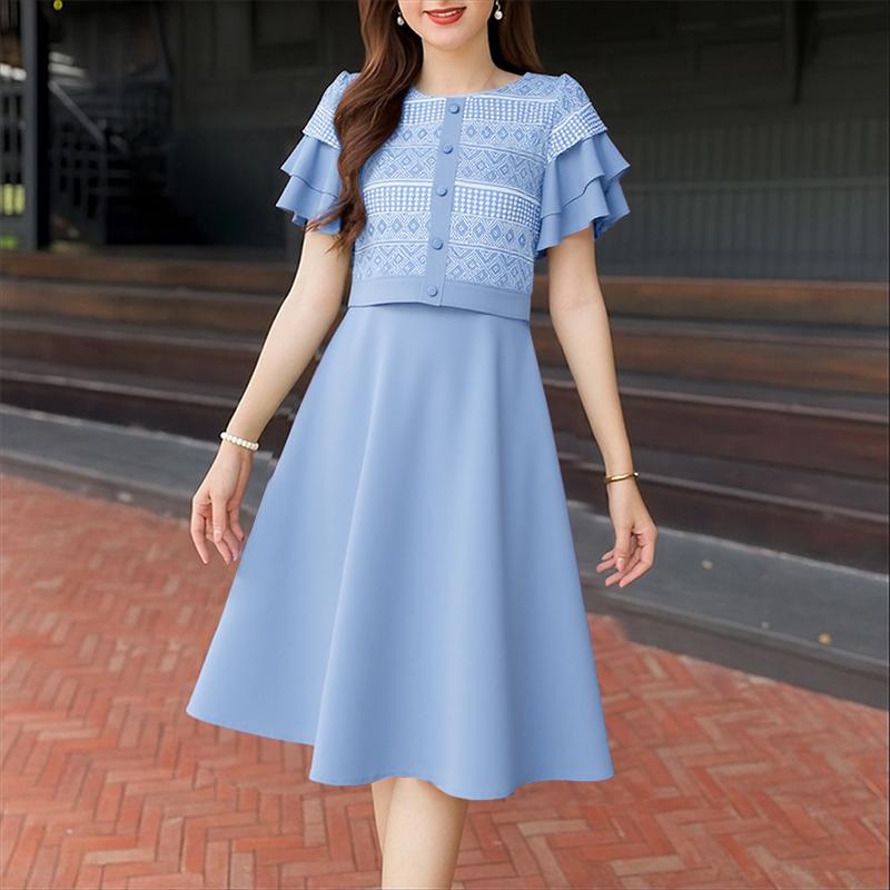 

ZANZEA Женское элегантное платье с круглым вырезом, оборками, короткими рукавами, принтом и лоскутным узором 5XL синий