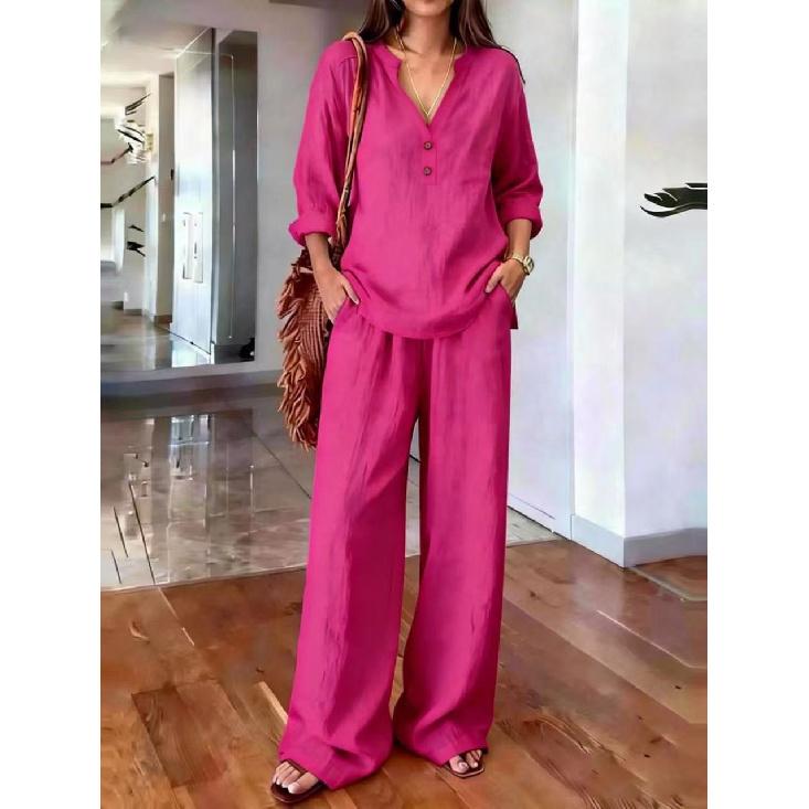 2026 New Women's Suit V-neck Long Sleeve Long Pants Solid Color Loose Casual Two-piece Set