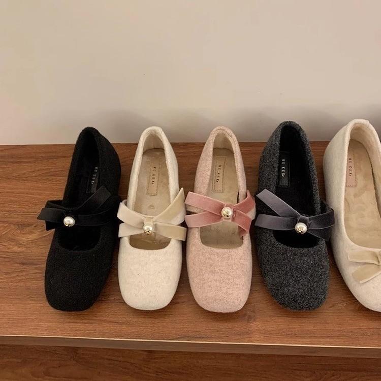 Xiaoxiangfeng Fleece Square Head Bow Thousand Gold Feeling Inner Height Increase Single Shoes French Evening Wind Mary Jane Shoes New