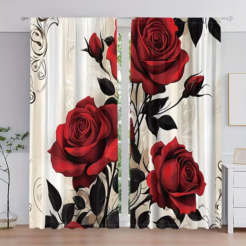 

2pc Burning Red Rose Curtains Light Luxury French Style Suitable for Bedrooms Living Rooms Rod Pocket Decorative Curtains 100*130 HOOK 1pcs