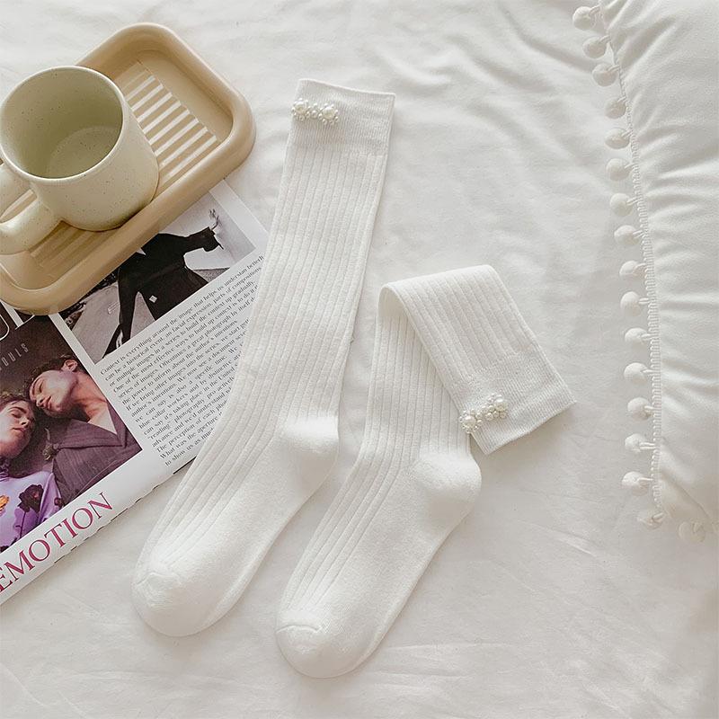 Women's Knee-High Sweet Preppy Socks with Pearl Decor - Spring/Autumn JK Style