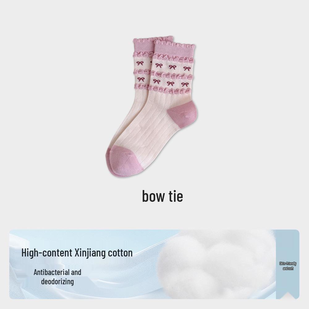 Women's Mid-Calf Lace Cotton Socks - Antibacterial, High Elasticity, Fresh Spring & Autumn Style
