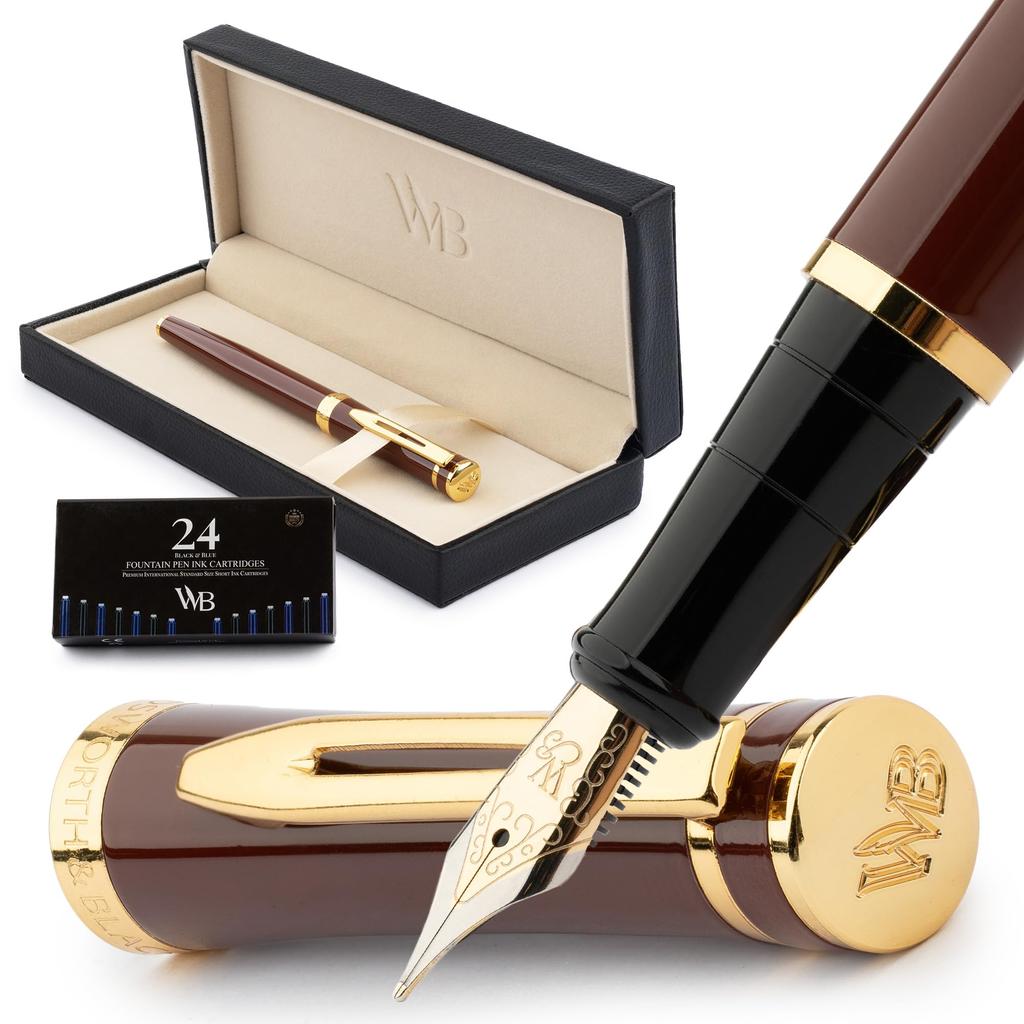 Wordsworth Black Fountain Pen Medium 24 Ink Cartridges and Ink Refill Gift Smooth Writing Pen Unisex & Set, Nib, Converter, Case, Journaling,