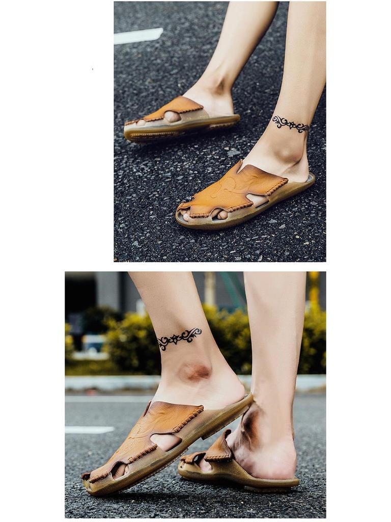 Plus Size Men's Breathable Leather Closed-Toe Sandals - Lightweight One-Strap Casual Beach Shoes