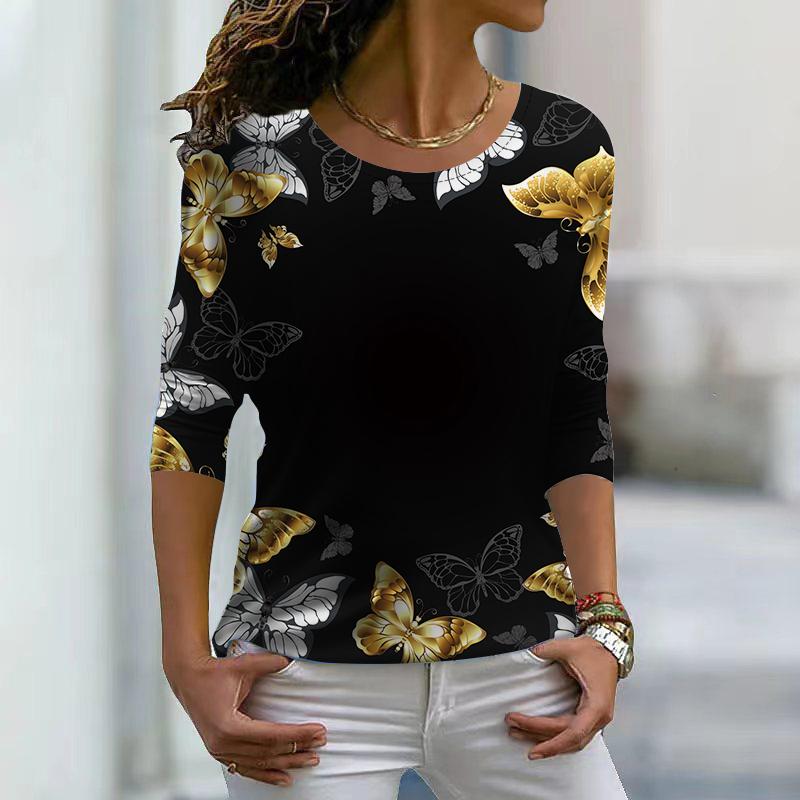 Women Autumn Tops Loose Pink Star Butterfly Print Causal Long Sleeve T-shirt Top Blouse