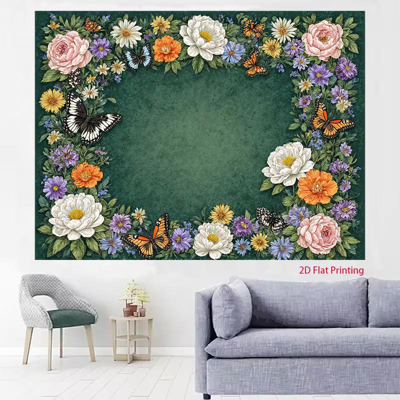 2D Vintage Flower Frame Backdrop Watercolor Blooms & Butterflies Photography Background Cloth