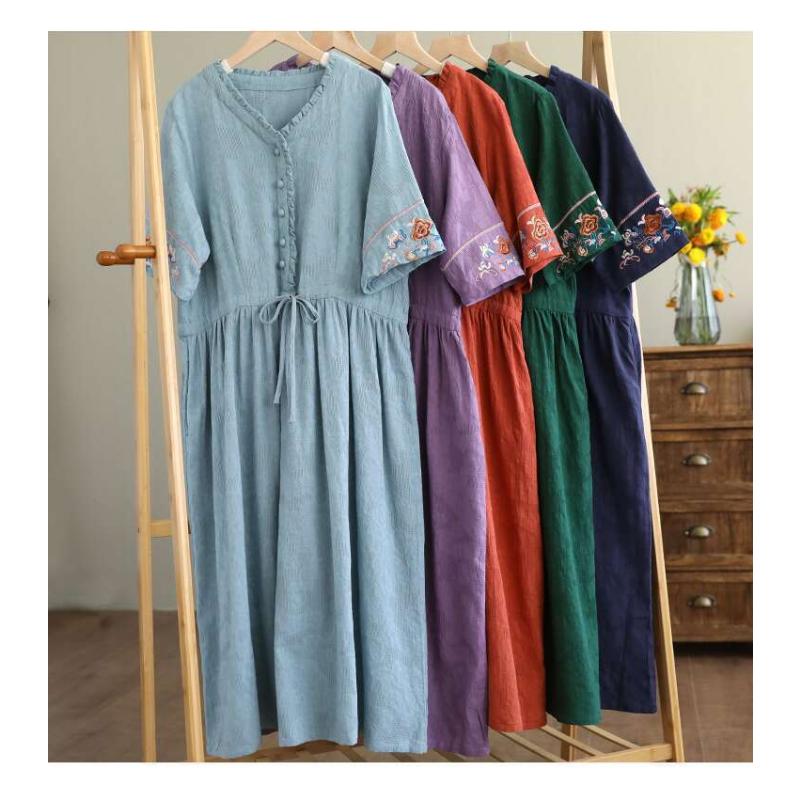 2025 Summer Washed Cotton Dress - Embroidered Midi Dress with Drawstring, Slim Fit Short Sleeve Linen Blend Dress, Boho Chic Casual Women's Outfit