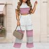 Women Plus Size Round Neck Short Sleeve Heart Printed Crop Top Wide Leg Pants Two Piece Set