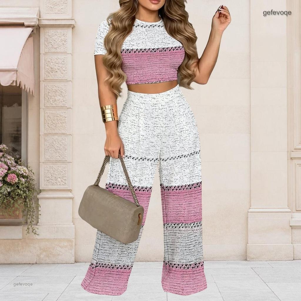 Women Plus Size Round Neck Short Sleeve Heart Printed Crop Top Wide Leg Pants Two Piece Set