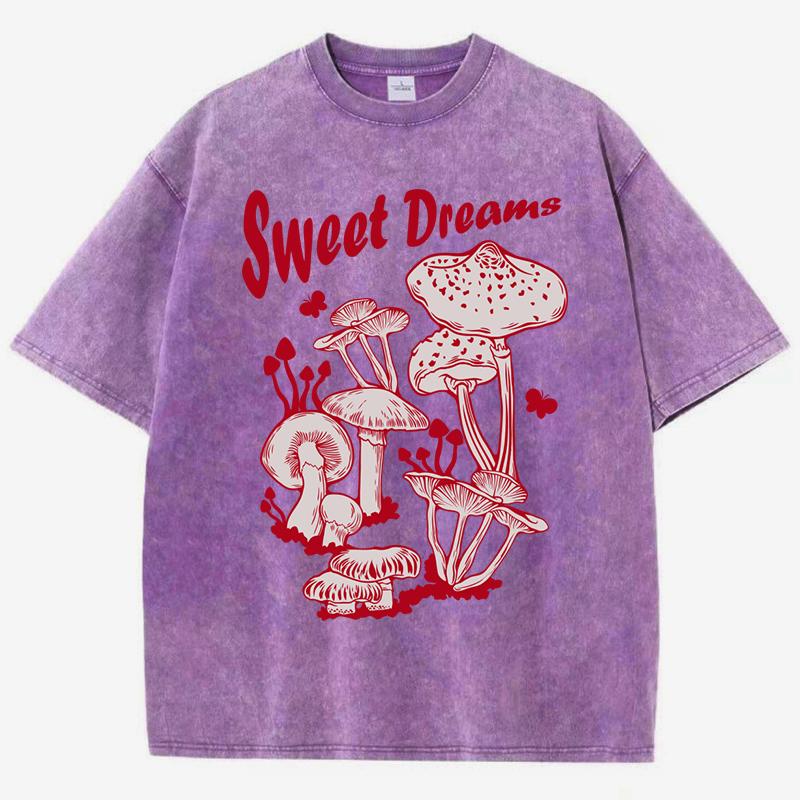 Sweet Dreams Mushroom Design Washed T-Shirt Women Summer T Shirts Cotton Top Multicolor Oversized Clothes