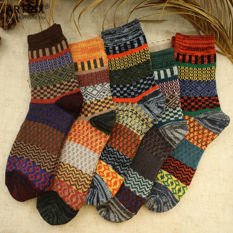 5 par höstvinter Harajuku högkvalitativa herrstrumpor Vintage förtjockade varma mode ullblandade fritidsstrumpor