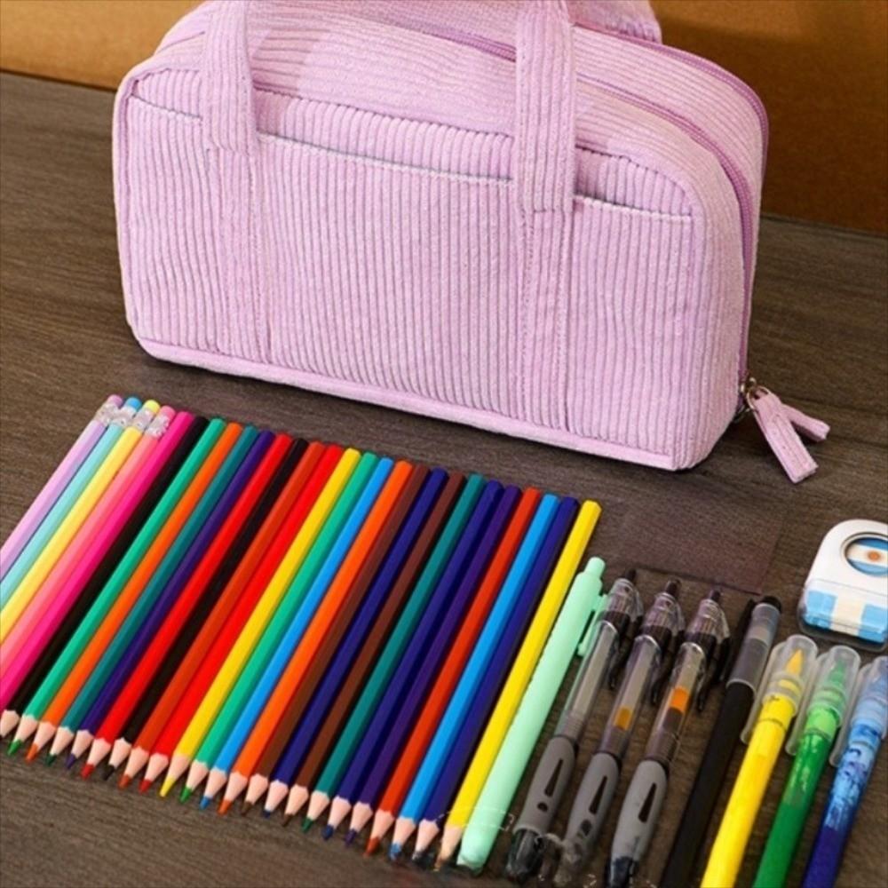 Corduroy Material Pencil Box Large Capacity Minimalist Design Storage Bag Portable Solid Color Stationery Organizer