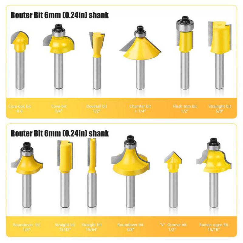 

12 шт., 6 мм, хвостовик, набор фрез для обработки древесины, обрезка, прямая фреза, биты по дереву without box жёлтый