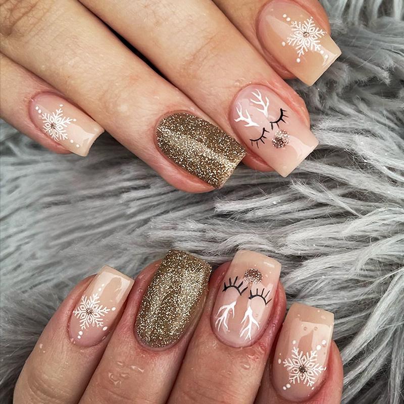 

Christmas Reindeer & Snowflake Glitter Press-On Nails - 24 pcs
