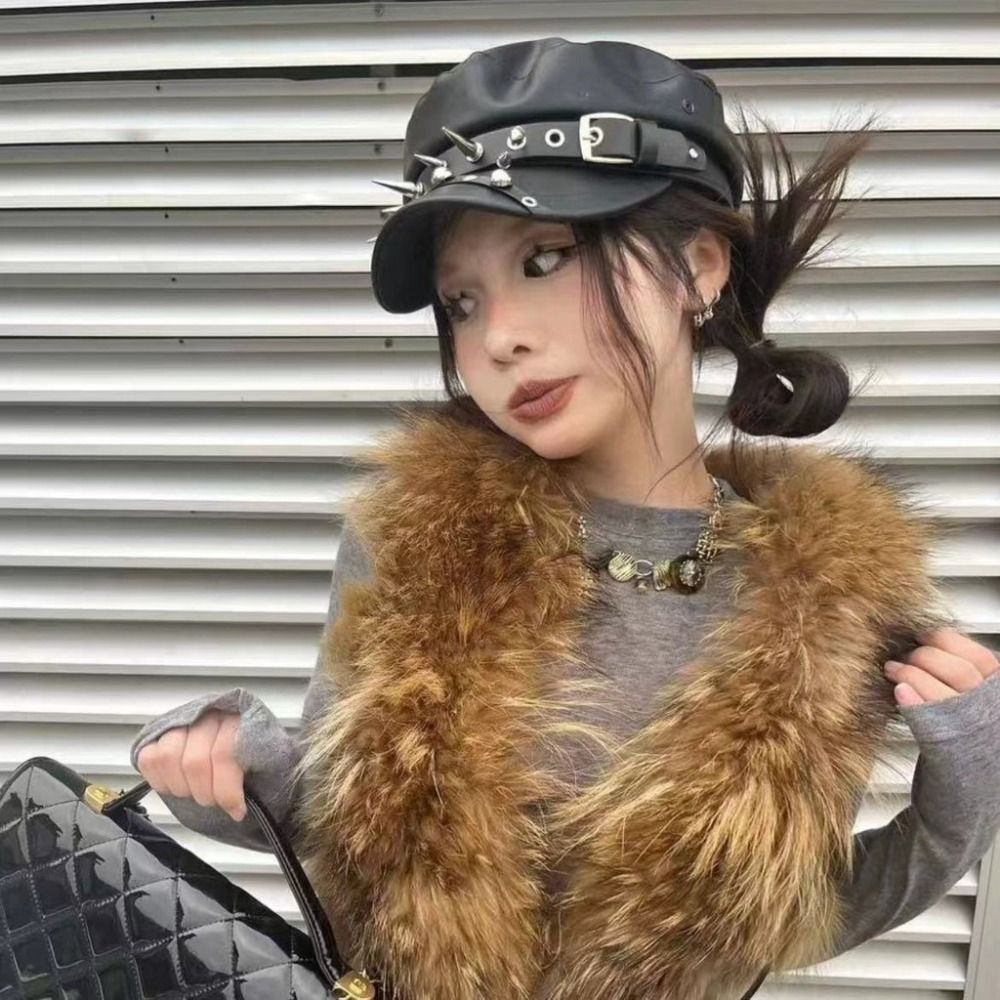 PU Leather Rivet Punk Cap Dark Retro Painter Hat Harajuku Gothic Spike Cap  Headdress