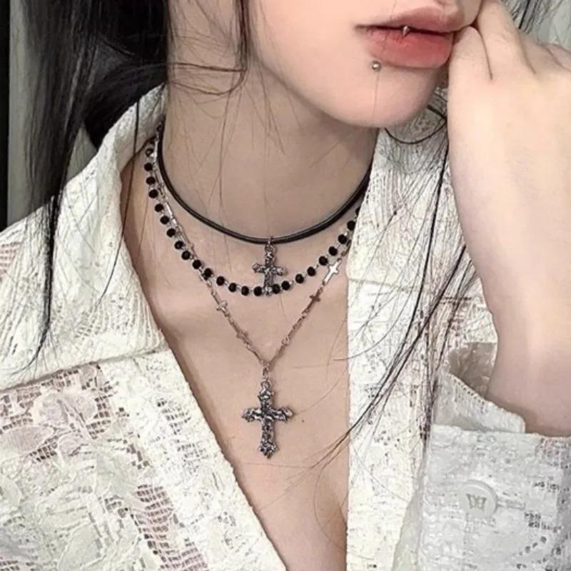 New Spicy Girl Multi-layer Cross Necklace Punk Bead Long Pendant Retro Sweet Cool Hip-hop Women's Gift Creative Fashion