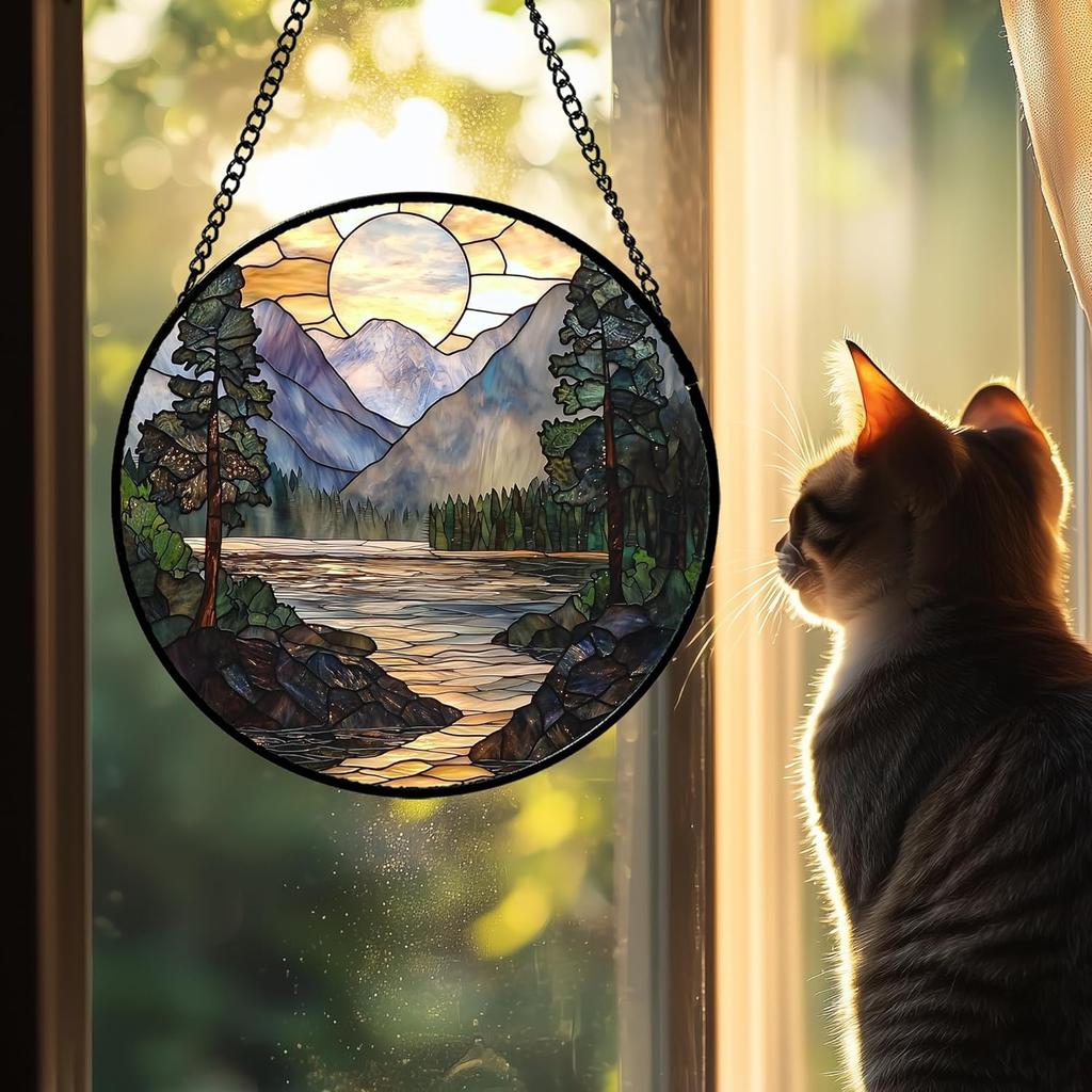 Stained Glass Window Hanging, Sunset Mountains Lake Tree Sun Catcher for Window Home Decor Landscape Suncatcher Mother's Day Birthday Gifts 7.8 in