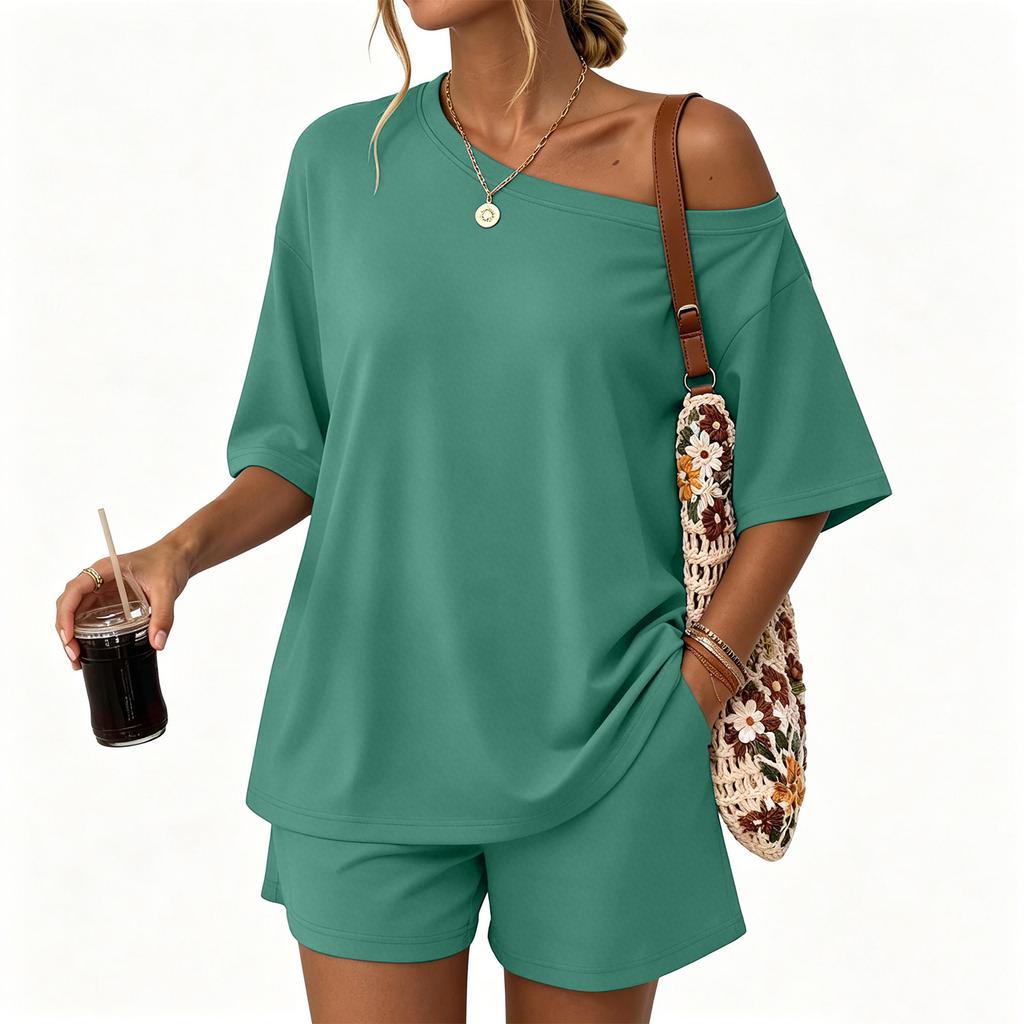 Women Casual Two Piece Set Short Sleeve Loose Fit Top and Elastic Waist Shorts Lightweight Lounge Wear Summer Outfit