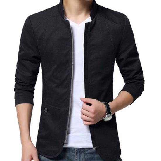 Casaco Blazer Casual Masculino Outono Cor Sólida Gola Alta Bolsos com Zíper Fino Slim