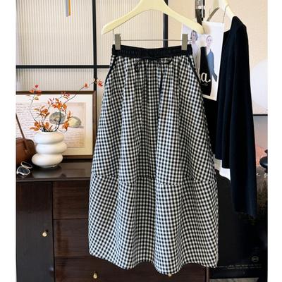 Plaid Drawstring Bubble Midi Skirt High-Waist Tartan Half Skirt Classic Elegant Women's Skirt