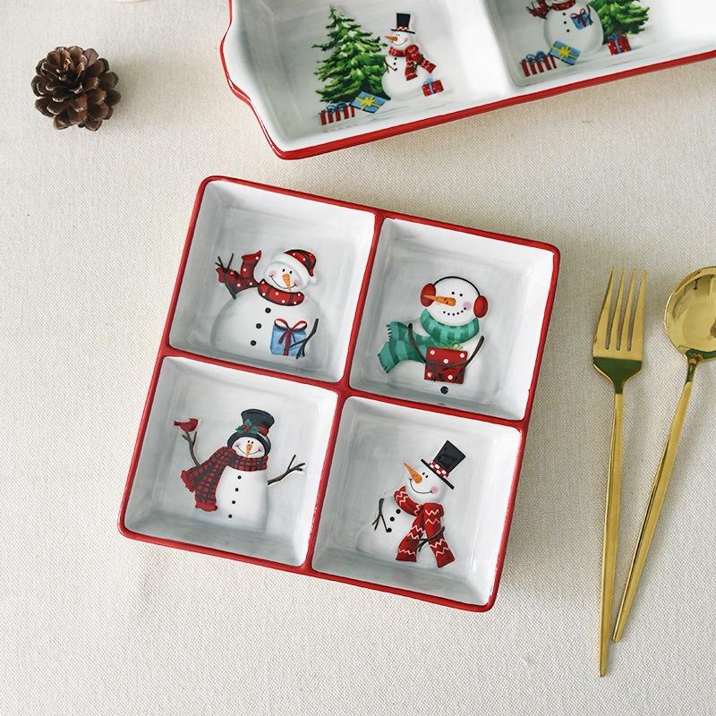 Nordic Creative Christmas Ceramic Divider Plate Embossed Christmas Snowman Ceramic Tableware Christmas Ornaments Kitchen Dish