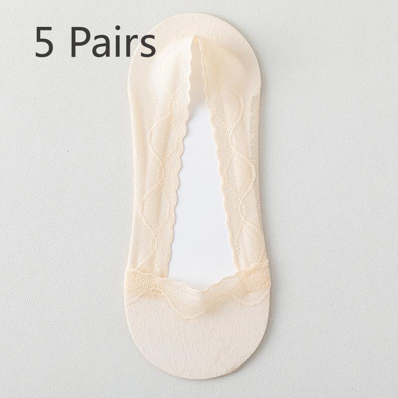 

5 пар женских летних тонких влагоотводящих хлопковых носков-лодочек с неглубокой горловиной и нескользящими кружевными носками 5 Pairs телесный