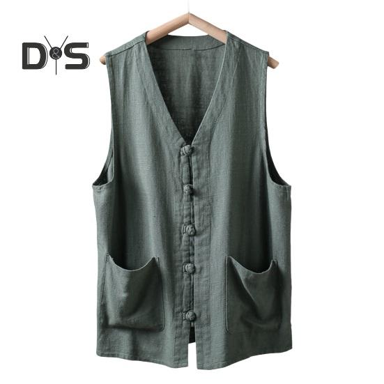 Men Summer Vest Single-breasted Retro Chinese Style Knot Buttons Loose Sleeveless V Neck Patch Pockets Pure Color Casual Top