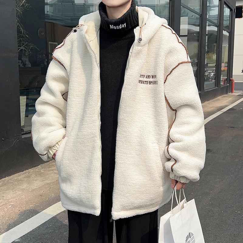 Men's Lambswool Hooded Coat, Autumn/Winter Embroidered Thick Cotton Jacket, Trendy Couple Style.