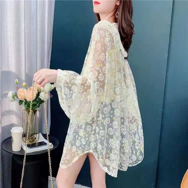 Summer Sun Protection Clothing Women's Korean Fashion Mesh Hooded Sun Protection Jacket Little Daisy Sun Protection Cardigan Jacket