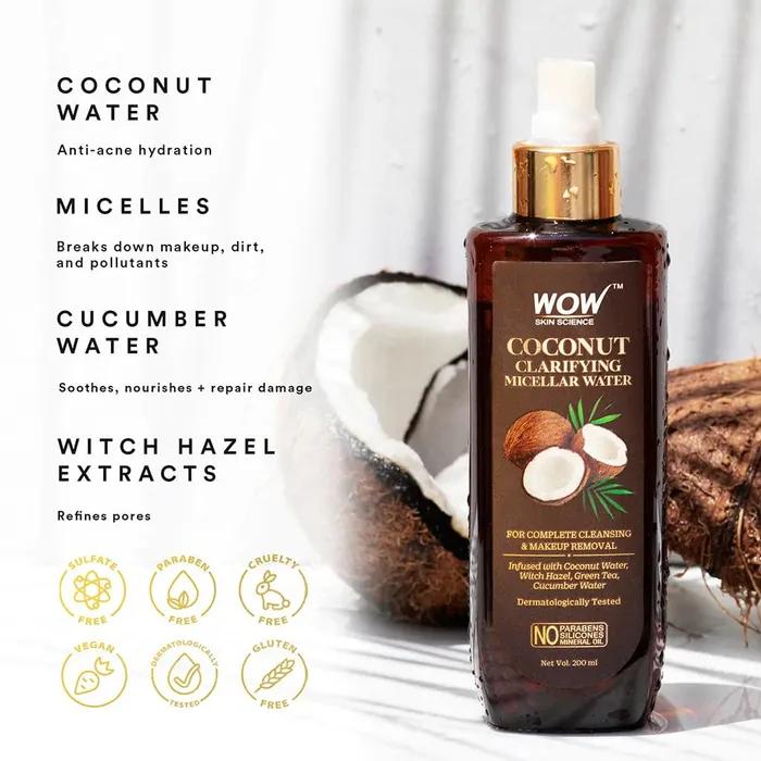 Wow Skin Science Coconut Clarifying Micellar Water für eine gründliche Reinigung und Make-up-Entfernung, 200 ml