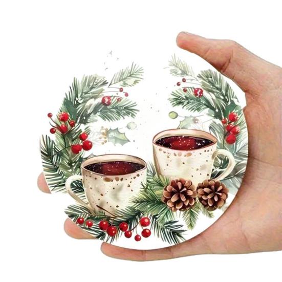 6Pcs/Set Christmas Coaster Snow Scene Pine Branch Print Coasters Waterproof Decorative Christmas Table Accessories