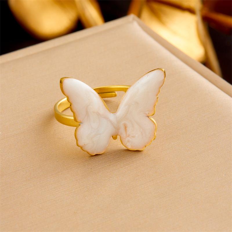 Gold Plated Stainless Steel Green Enamel Butterfly Adjustable Ring for Women белый