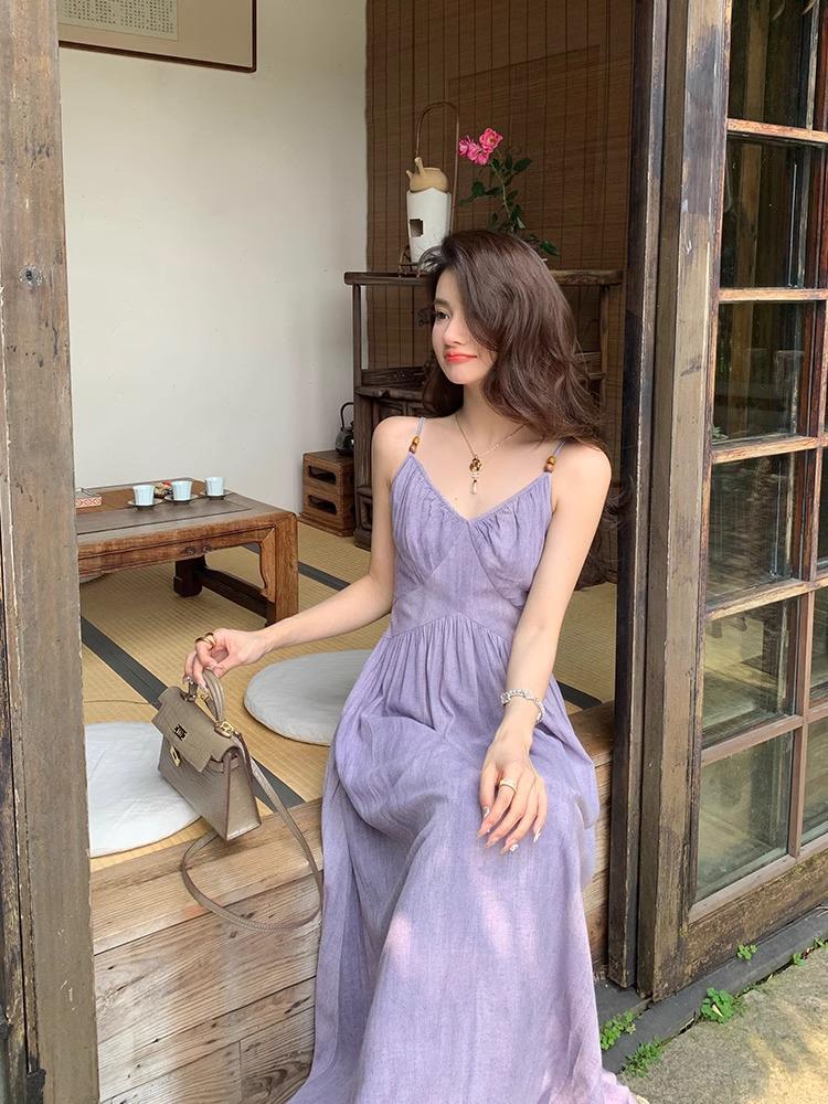 Dopamine Stunning Purple Spaghetti Strap Waist-Cinching Dress for Women's Summer Seaside Vacations