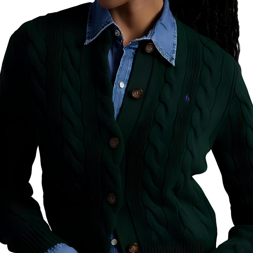 Polo Ralph Lauren FW24 Embroidered Logo Pattern Wool Cashmere Blend Cable Knit Ribbed Crew Neck Button Front Long Sleeve Sweater WMPOSWENDW20302-300