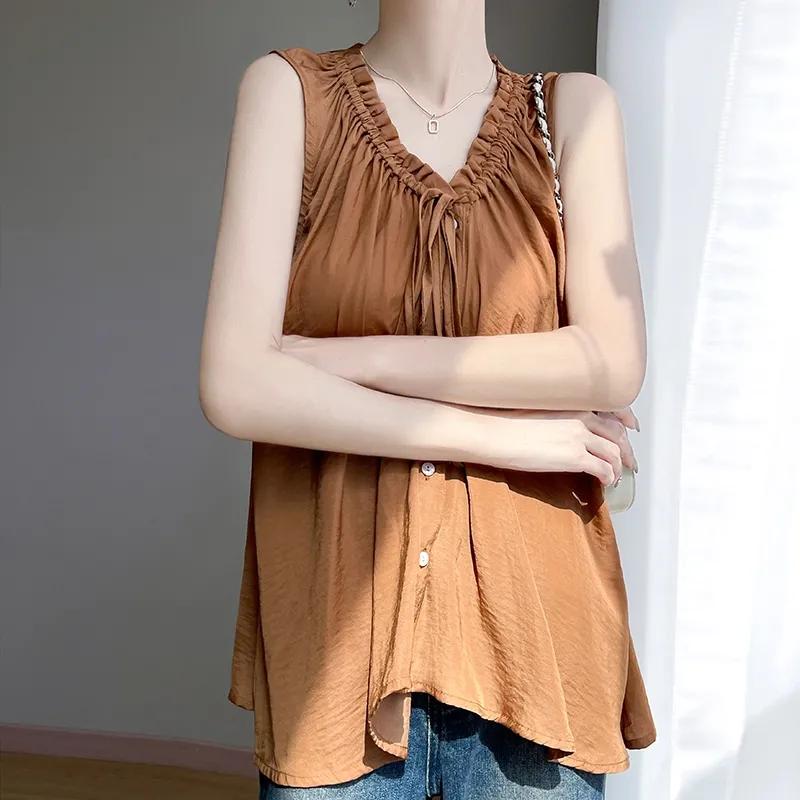 Summer New V-neck Drawstring All Match Korean Women's Top Elegant Sleep Loose Solid Color Comfortable Vest