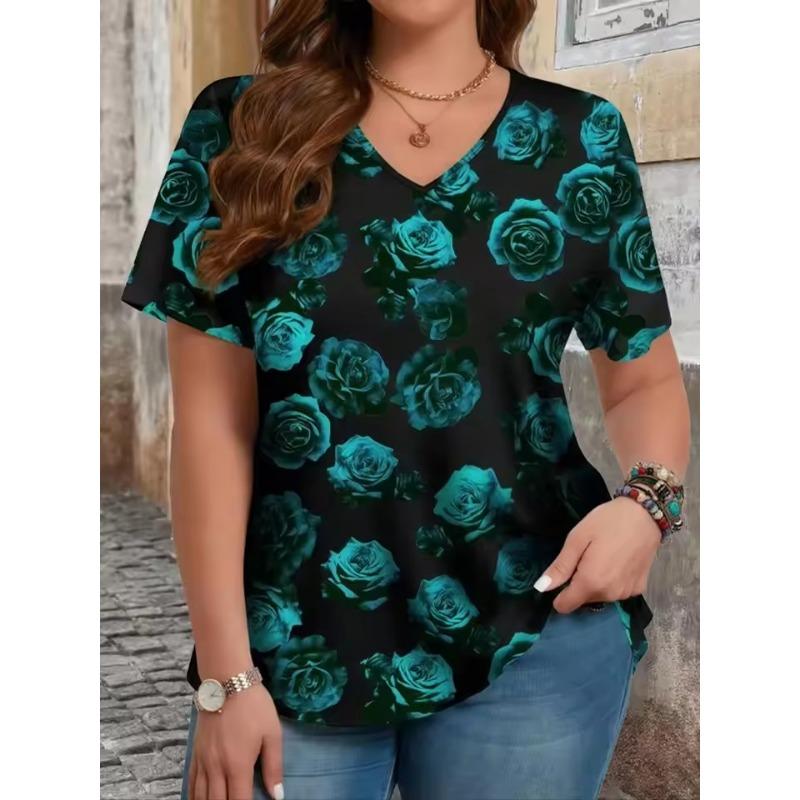 Plus Large Size Women's Floral Print V-neck Short-sleeved 3D T-shirt Casual Knitted Micro-stretch Top Pullover