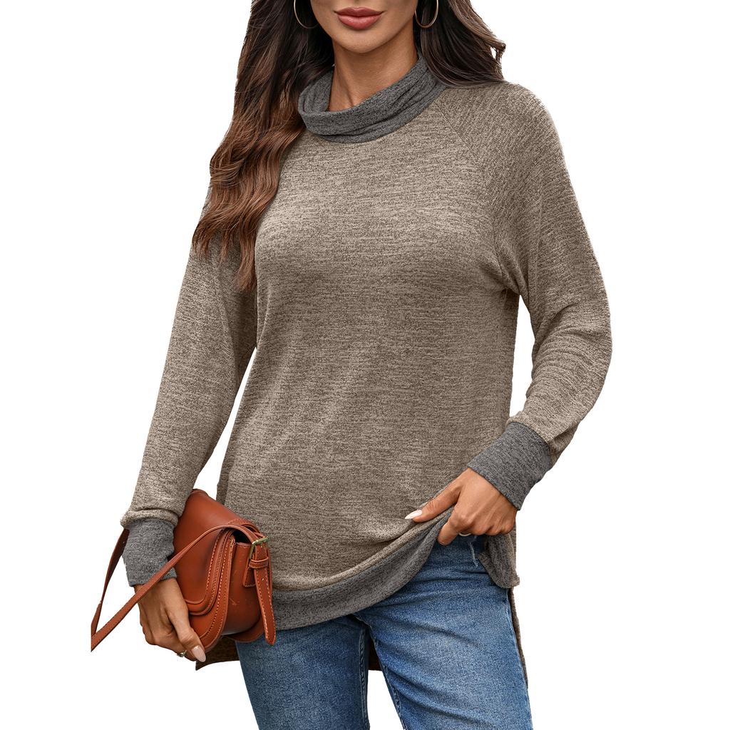 New Autumn and Winter Color-blocking High-neck Loose Long-sleeved T-shirt Top for Women