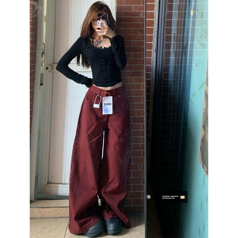 

Большой размер Ankela Красный Широкие джинсы Женские Весеннее поступление Американская Высокая посадка Свободные и Прямые брюки-швабры Ankoala Red [Quality Edition]] S