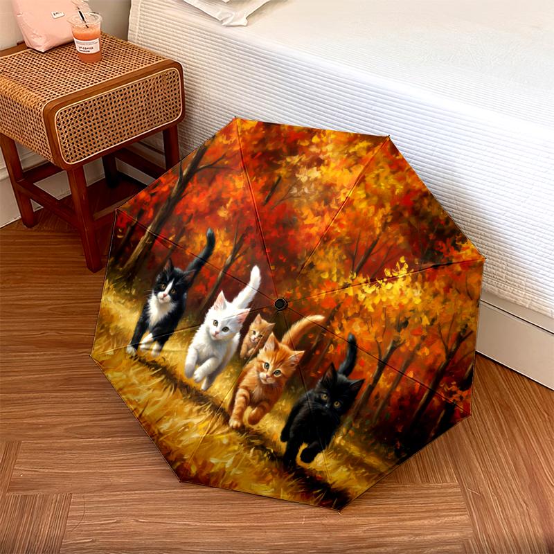 1 PC Automatic Folding Umbrella - Maple Leaves, Puppies, Horses, Kittens Pattern, Portable & Foldable Design with 8 Ribs, Christmas Birthday Gifts