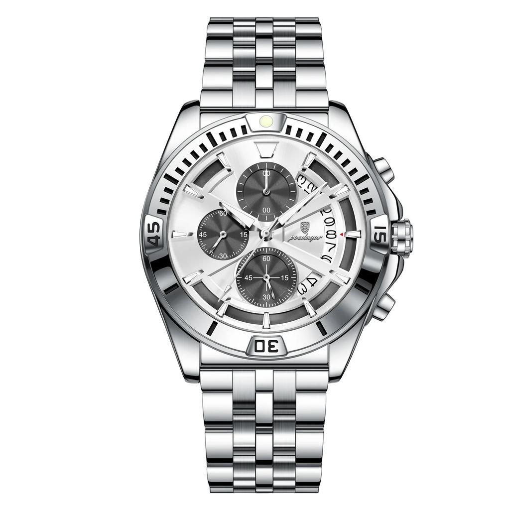 Men Chronograph Watches Stainless Steel Analog Quartz Wrist Watch Waterproof Luminous Date Business Dress Watch for Men