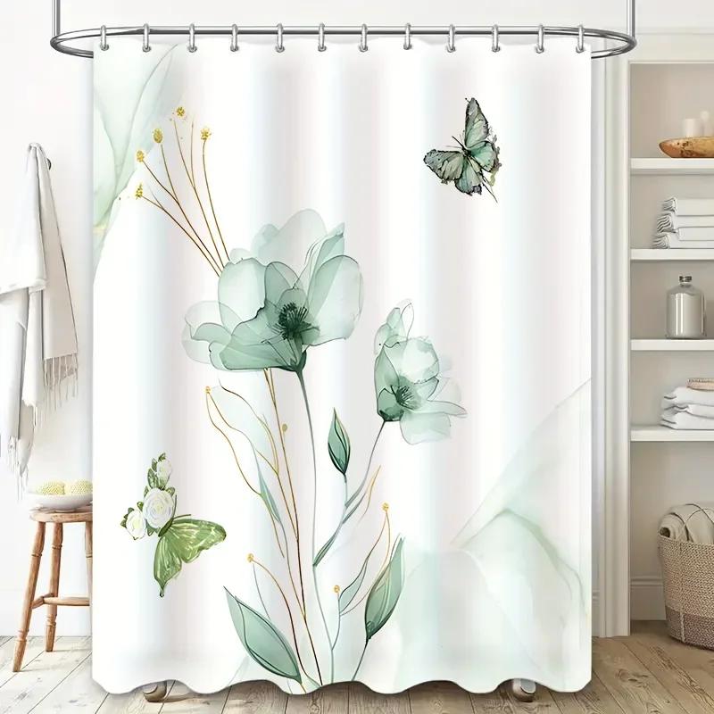 Elegant Floral and Butterfly Design Shower Curtain for Modern Bathroom Decor Waterproof and Mildew Resistant Fabric Bath Curtain W90xH180cm