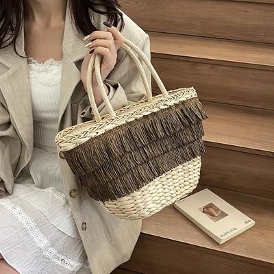 Quasten-Tragetasche gewebte Tasche Strandmode Trend Handtasche Damen Urlaub Hand-Stroh-Tasche