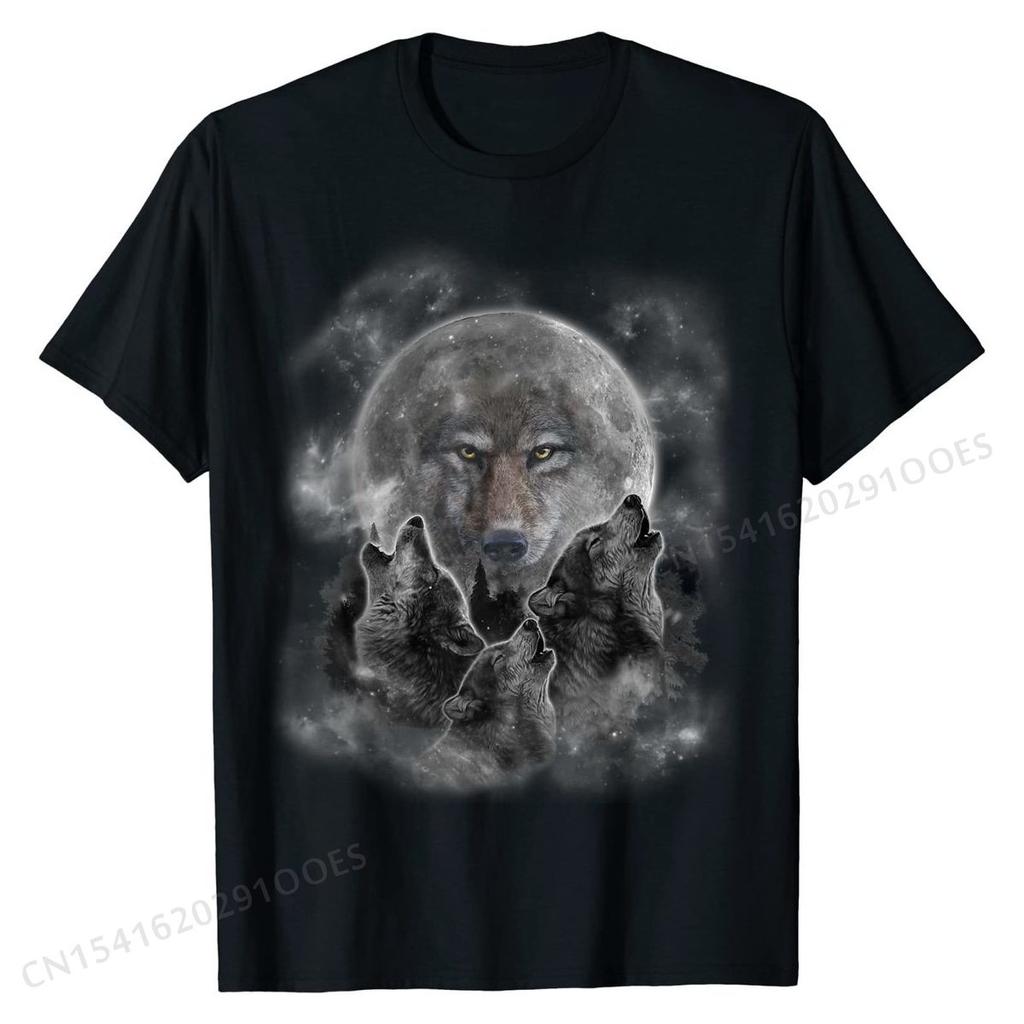 T-Shirt, Three Wolves Howling, Full Moon W Wolf Silhouette Oversized Mens T Shirts Cotton Tops & Tees Street