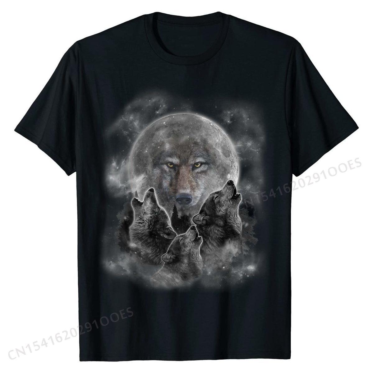 

T-Shirt, Three Wolves Howling, Full Moon w Wolf Silhouette Oversized Mens T Shirts Cotton Tops & Tees Street 4XL