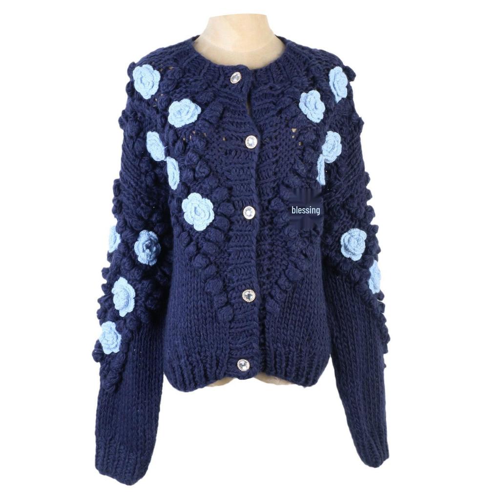 French Chic Age-Defying 3D Floral Chunky Knit Cardigan – Autumn/Winter Sweater Coat