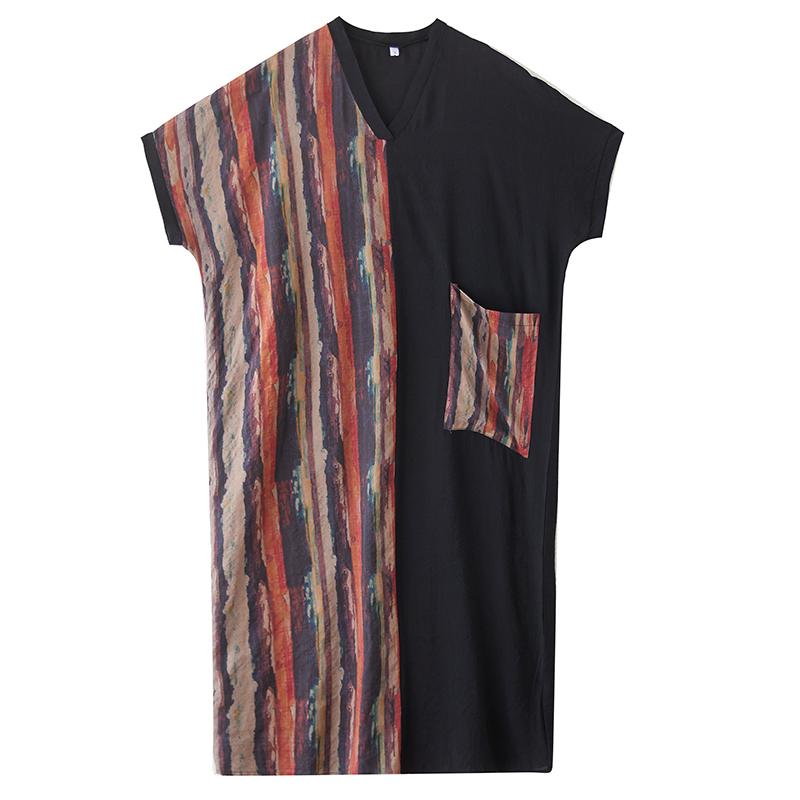 DIMANAF Women Summer New 2025 Plus Size Dress Casual V-Neck Stripe Long Dress Vintage Loose Dress Maxi